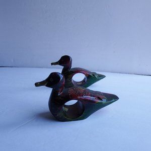 2 Vtg. Duck Carved Hand Painted Napkin Rings Tropical